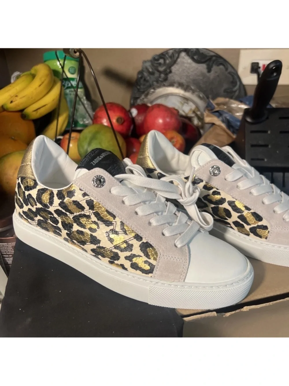 New Zadig & Voltaire White Sneakers with Gold Leopard Panels 7.5 /8 euro 38 - Picture 2 of 10